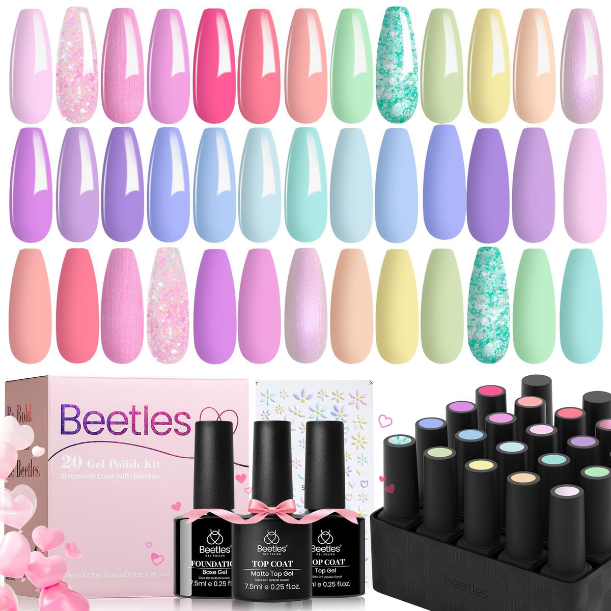 Beetles Pastel Gel Nail Polish Set – 20 colors for versatile manicures with long-lasting shine.
