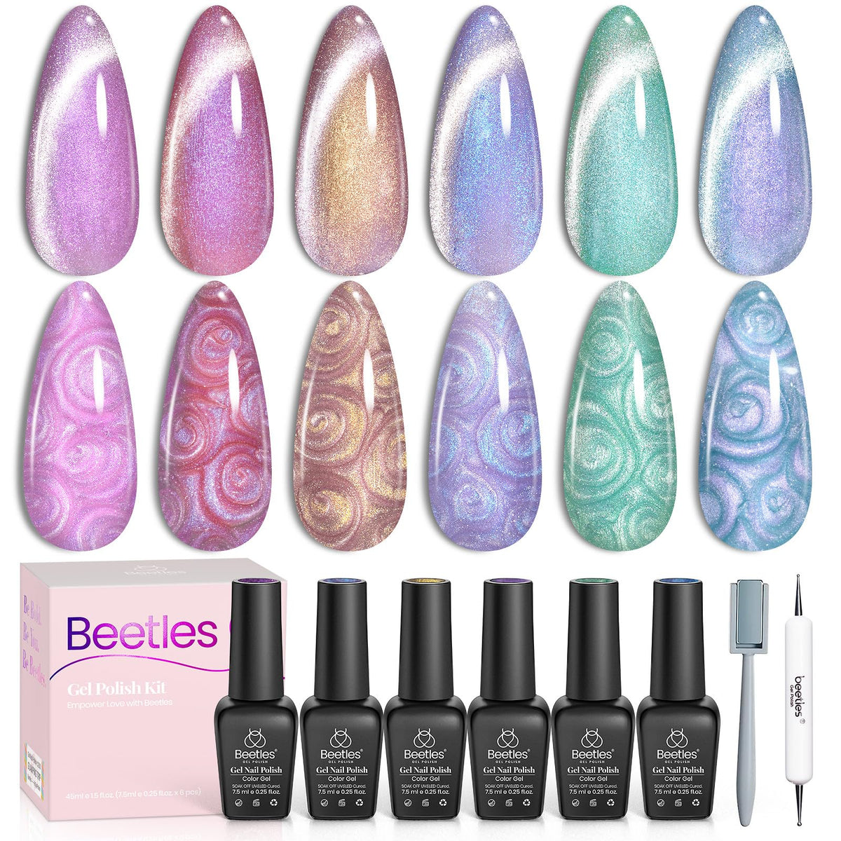 Beetles Pearl Cat Eye kit with six colors for DIY salon-style nails.