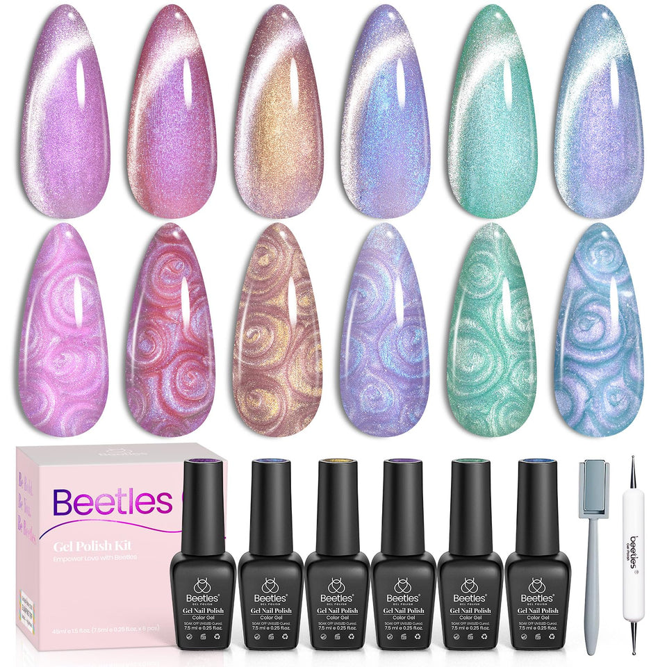 Beetles Pearl Cat Eye kit with six colors for DIY salon-style nails.