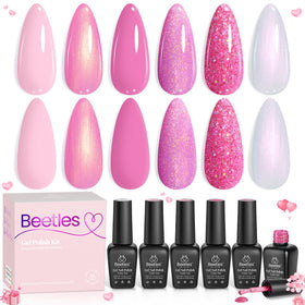 Beetles Pink Gel Nail Polish Set packaging displays six colors for at‑home manicures.