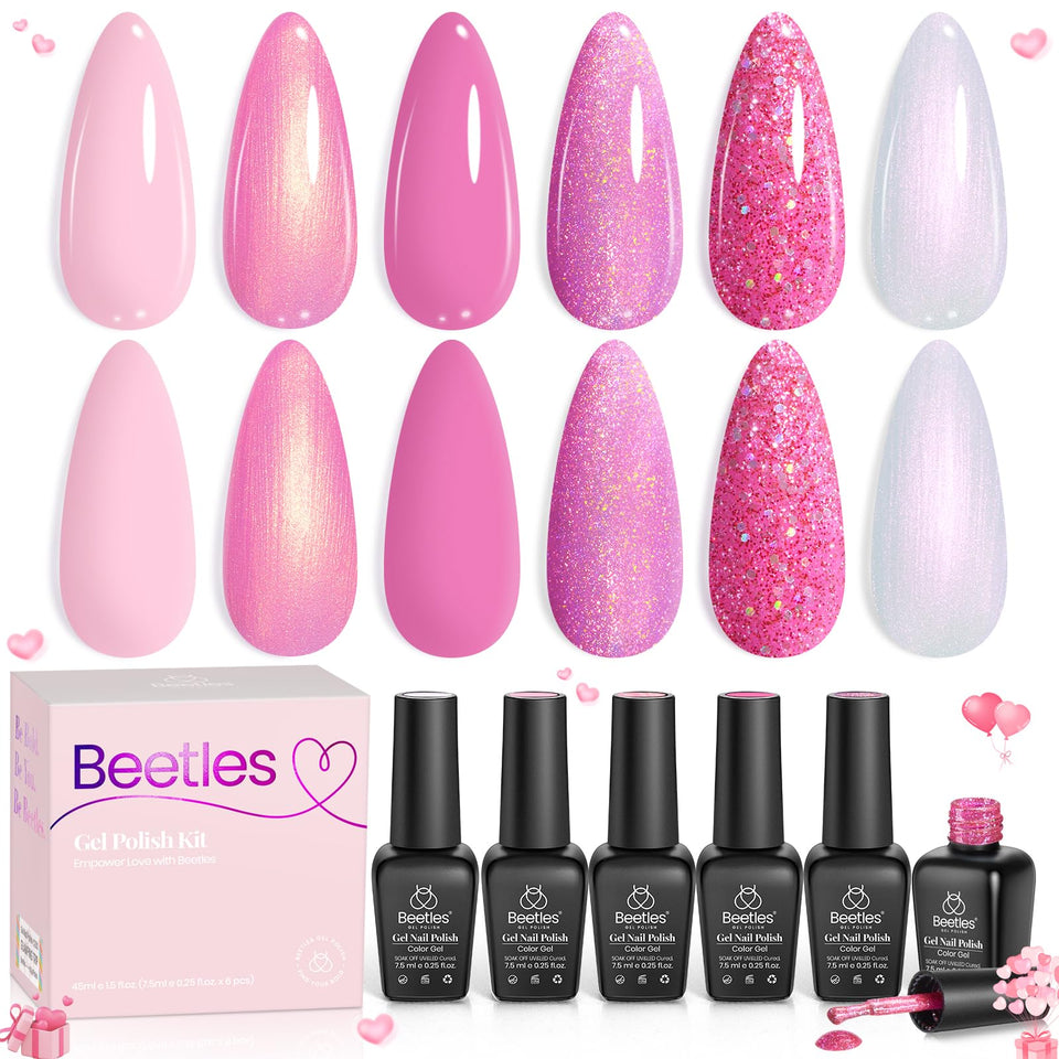 Beetles Pink Gel Nail Polish Set packaging displays six colors for at‑home manicures.