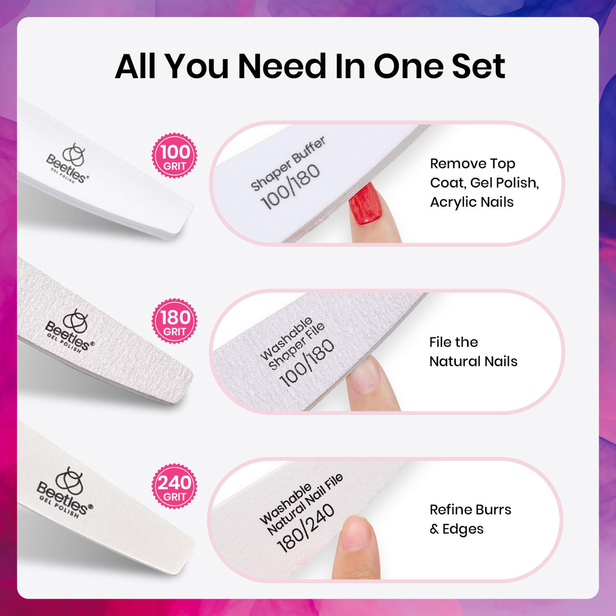 Beetles Pro 100/180/240 grit nail files for precise shaping.