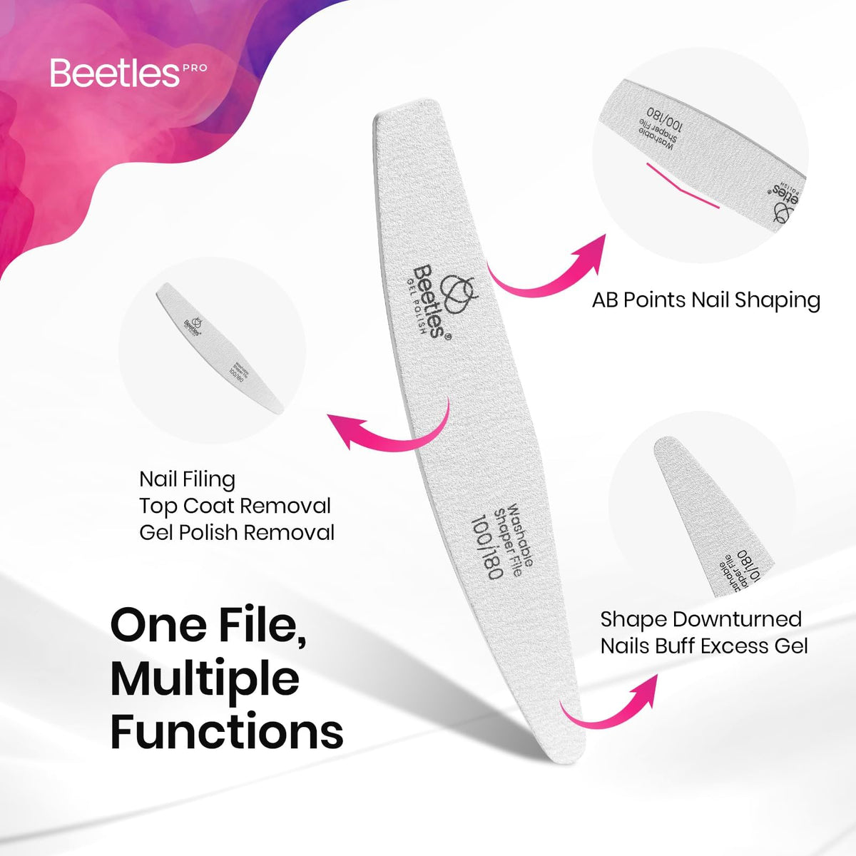 Beetles Pro nail file features 2-in-1 diamond and crescent design.