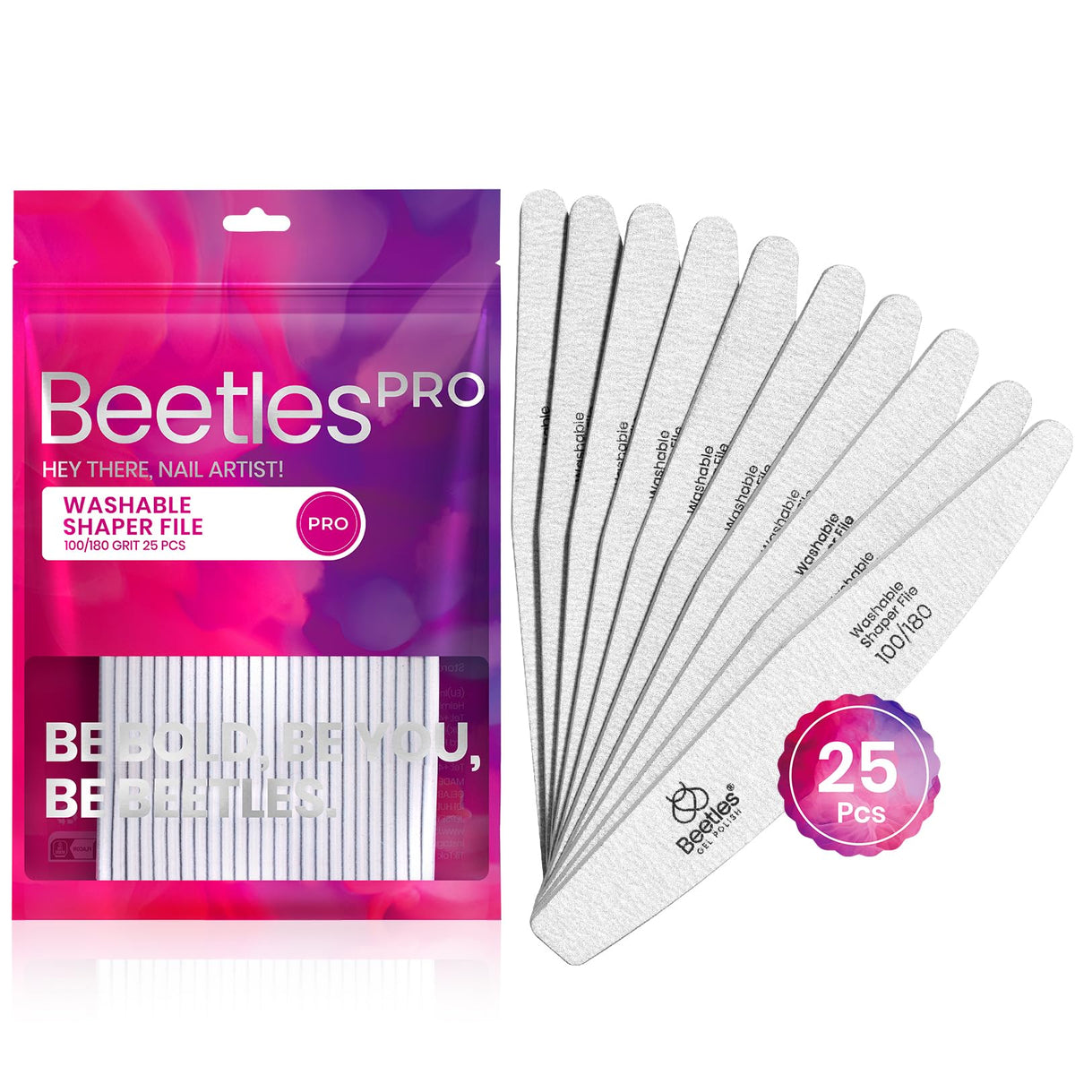 Beetles Pro nail file with zebra gray grit for durable shaping.