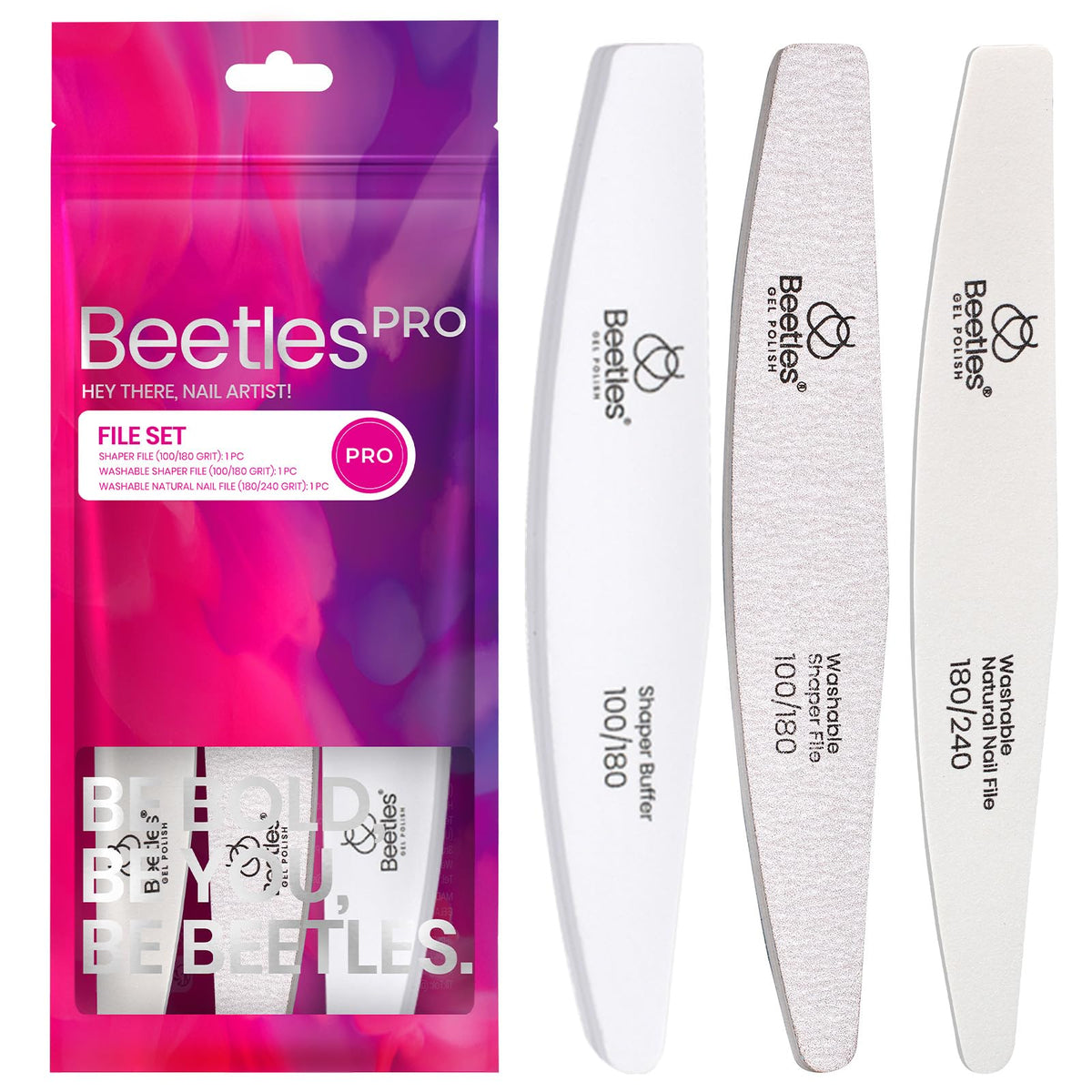 Beetles Pro three-piece nail file set with varied grit for shaping nails.
