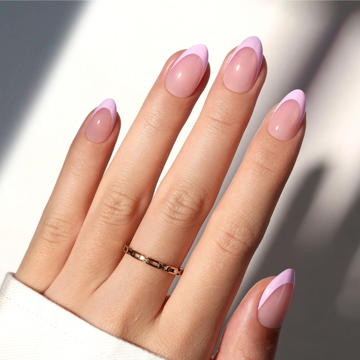 Beetles Purple French Tips press on nails show pastel spring design for easy at-home manicures.