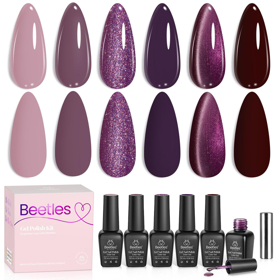 Beetles Purple Gel Nail Polish Set: six shades for versatile home manicures.