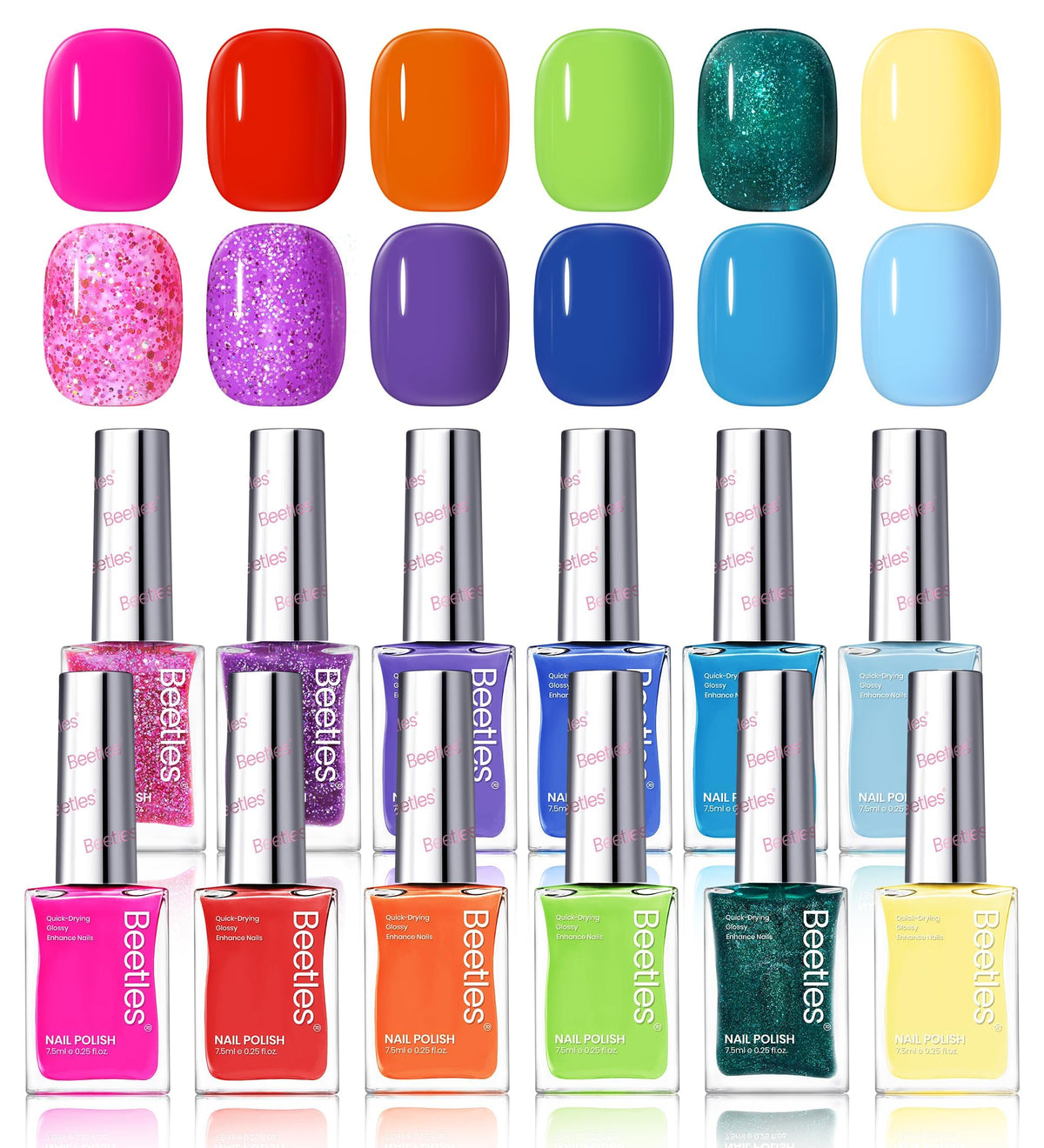 Beetles Quick Dry Neon set color swatches show vibrant glitter rainbow shades for DIY nails
