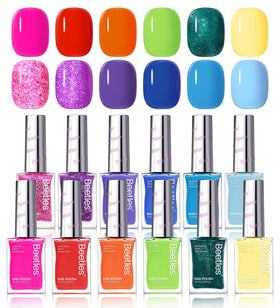 Beetles Quick Dry Neon set color swatches show vibrant glitter rainbow shades for DIY nails