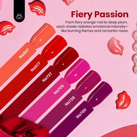 Beetles Red Gel Polish Set six bottles on display with vibrant summer hues.