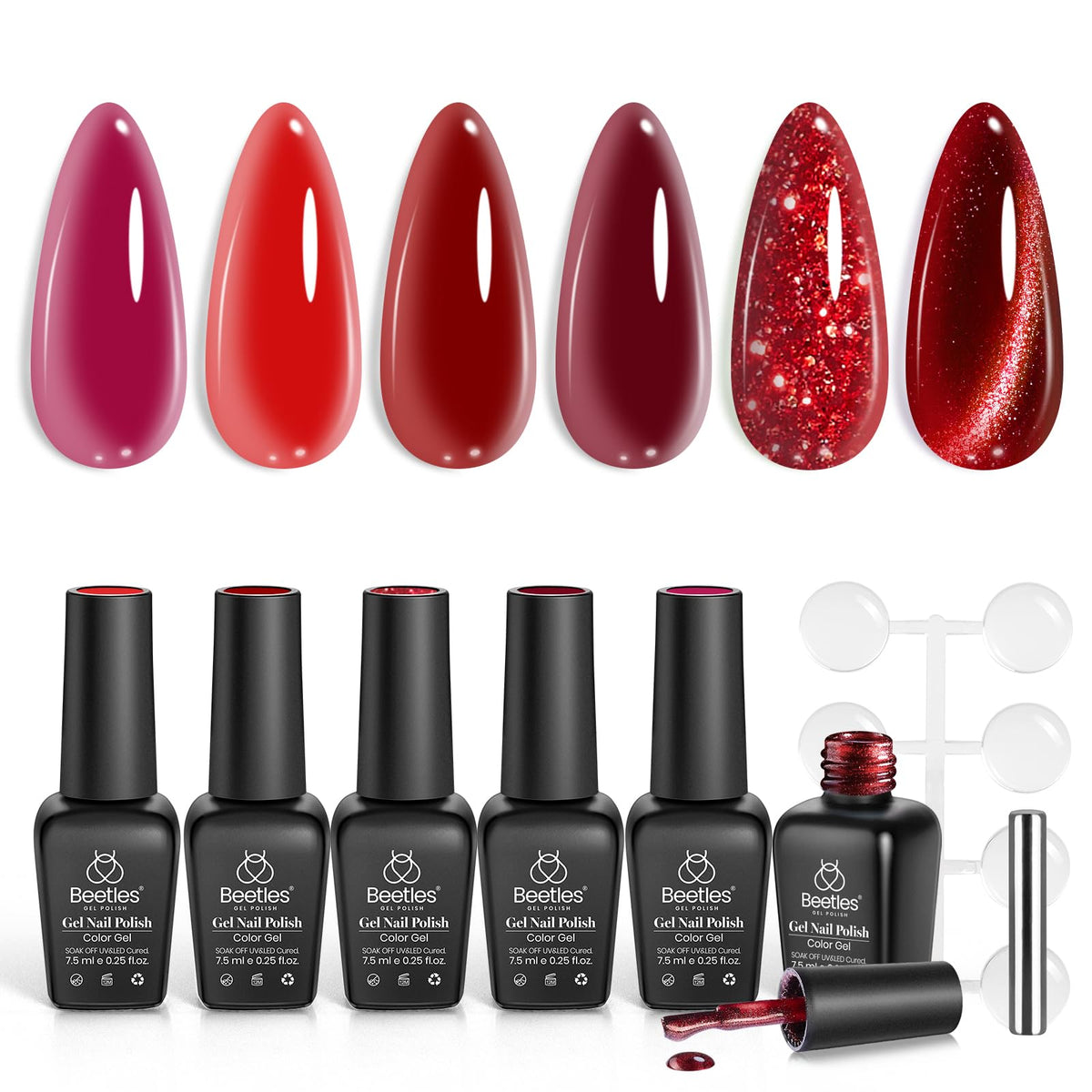 Beetles Red Revival six‑color gel set for at‑home manicure with cat‑eye effects