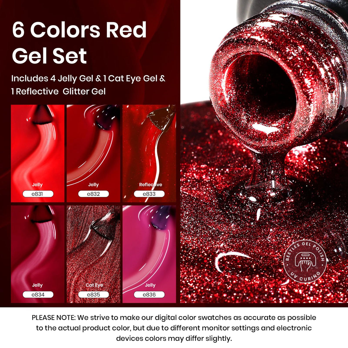 Beetles Red Revival magnet demonstrating cat‑eye shift on burgundy glitter gel