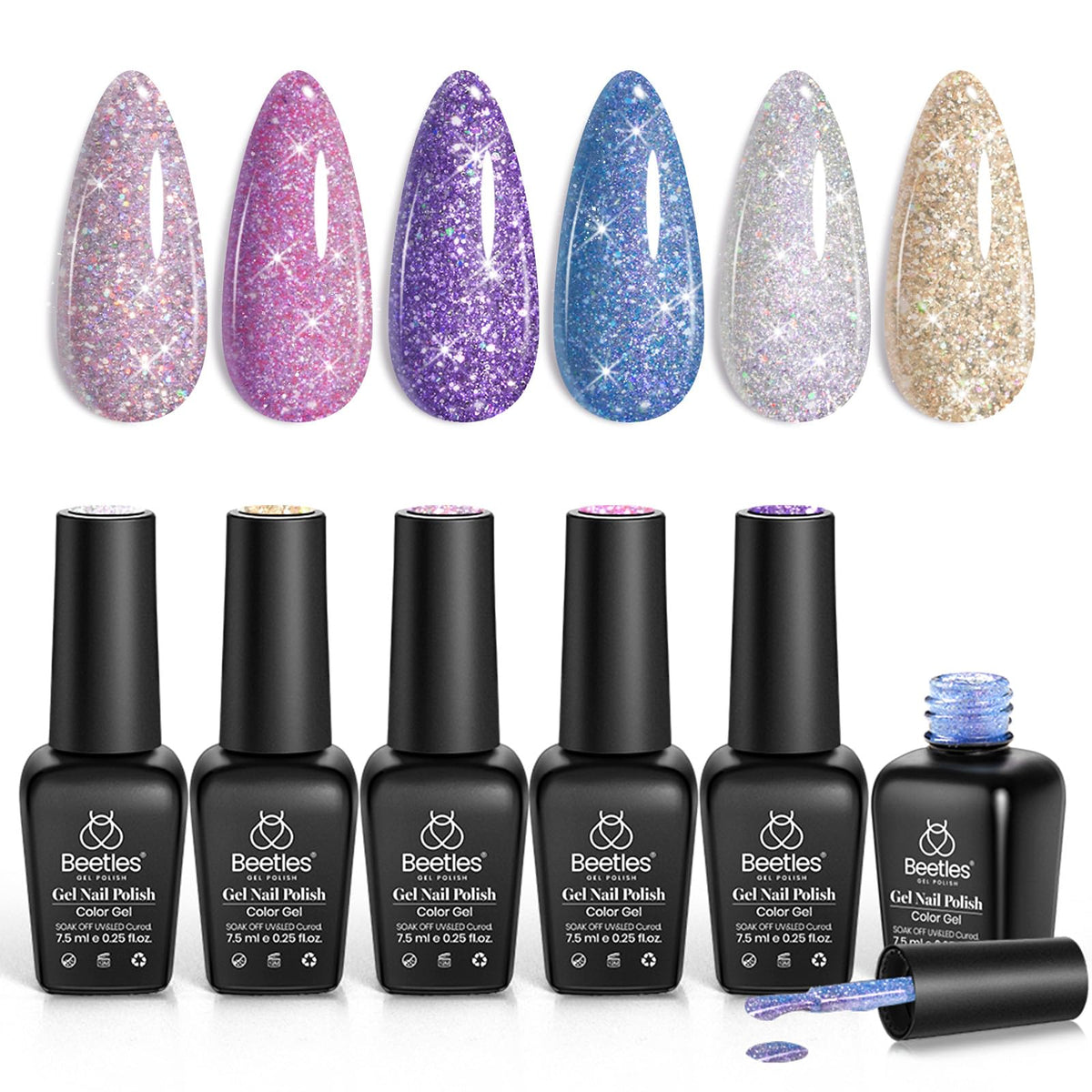 Beetles Reflective Glitter Gel Nail Polish Kit packaging with six colors for at-home manicures