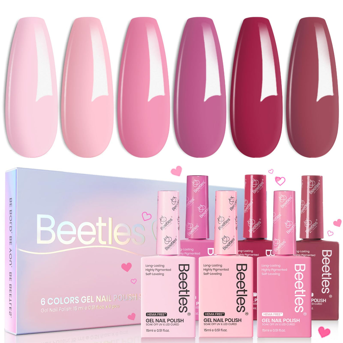Beetles Romantic Blush six-color bottles displayed together for versatile nail looks