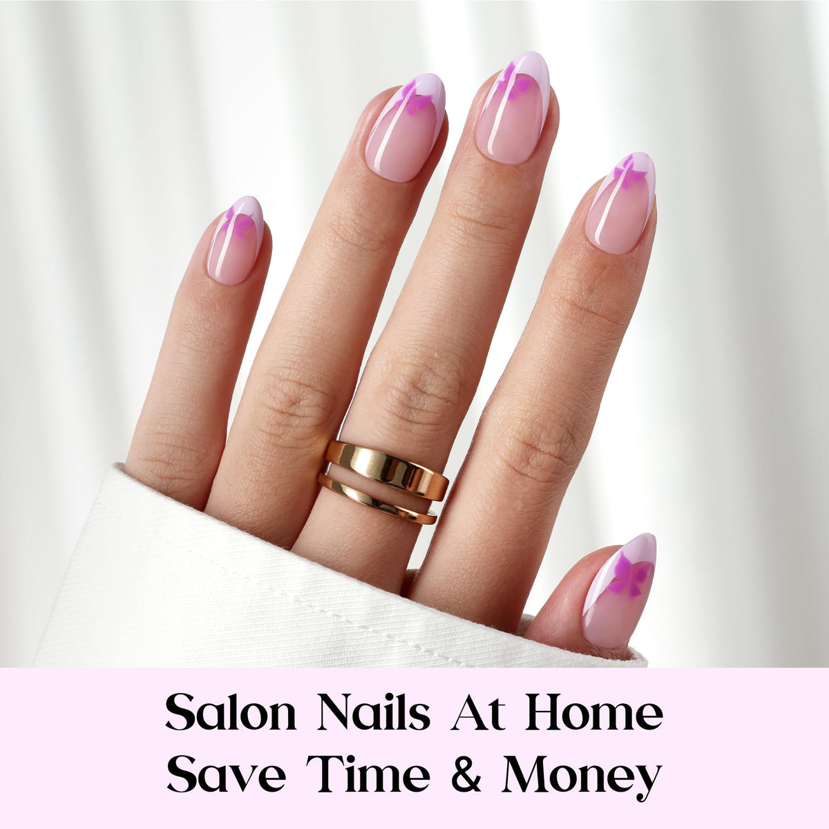 Beetles almond nail design with purple tips for elegant, playful styles.