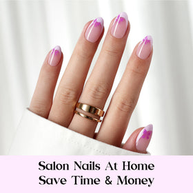 Beetles almond nail design with purple tips for elegant, playful styles.