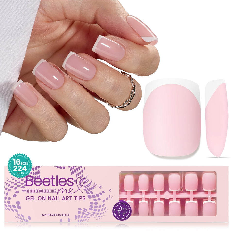 Beetles short square French tip nails pack shows salon-quality press-on results at home.