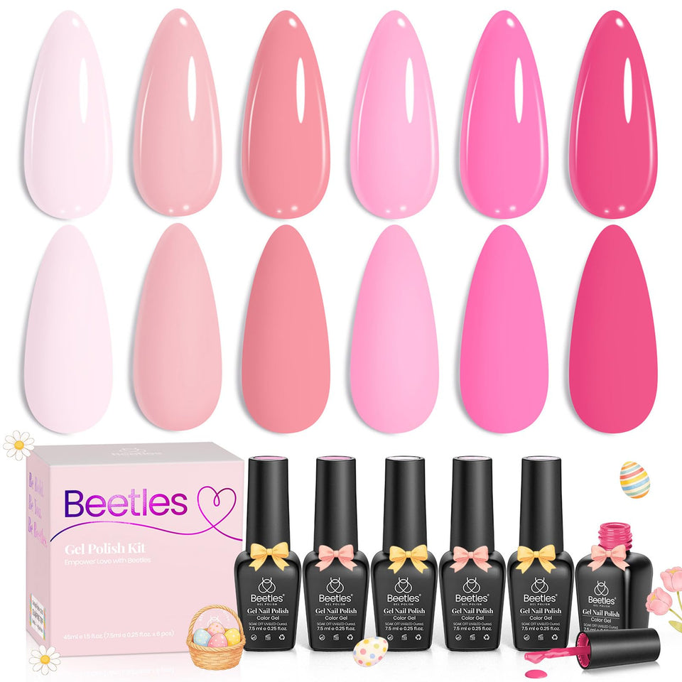 Beetles Pink Melody gel polish set with six colors for spring nails.