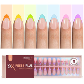 Beetles Summer French Tip nails set with rainbow neon tips for quick at-home manicures.