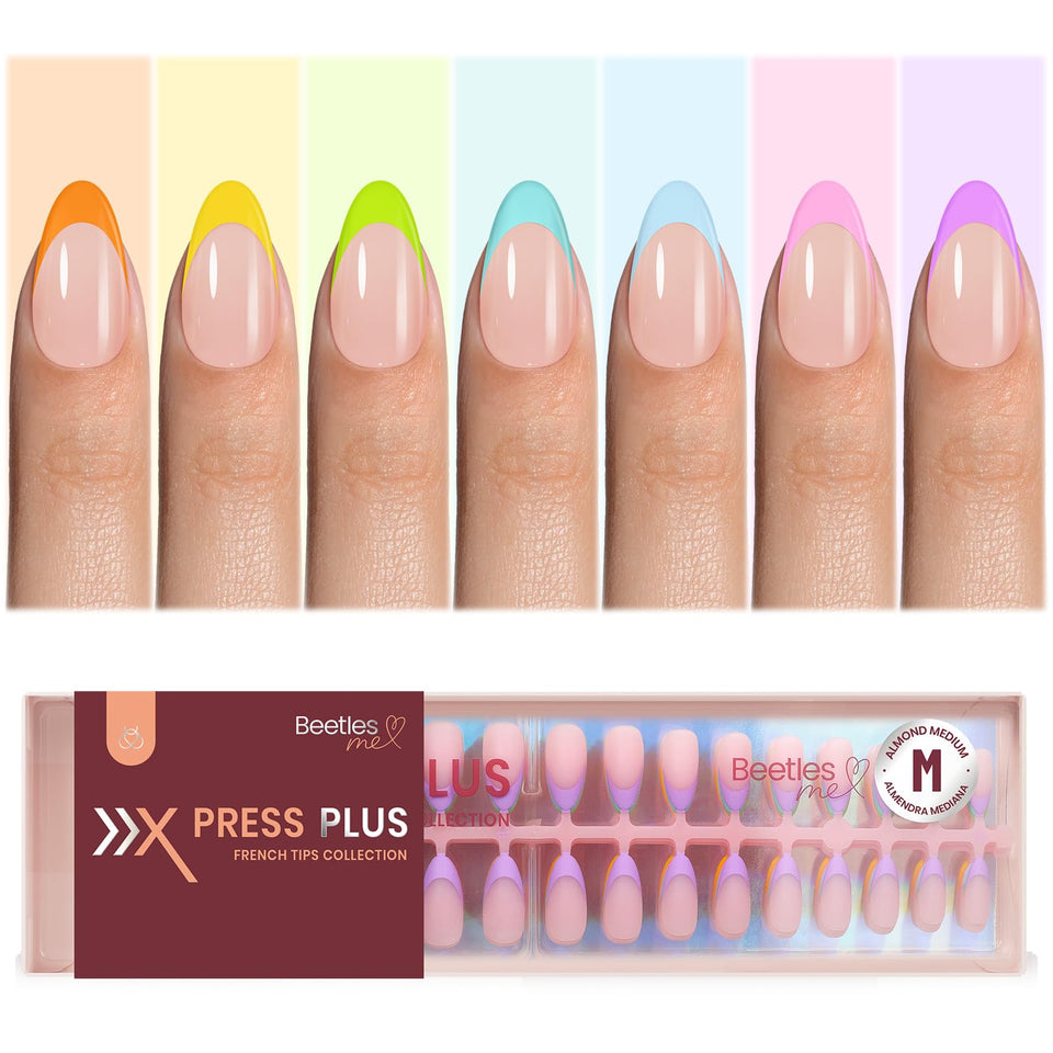 Beetles Summer French Tip nails set with rainbow neon tips for quick at-home manicures.