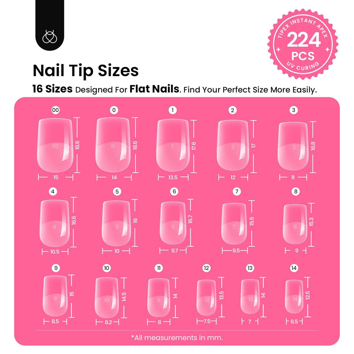 Beetles Tipex 224 tips with 16 sizes arranged for precise fit and secure wear.