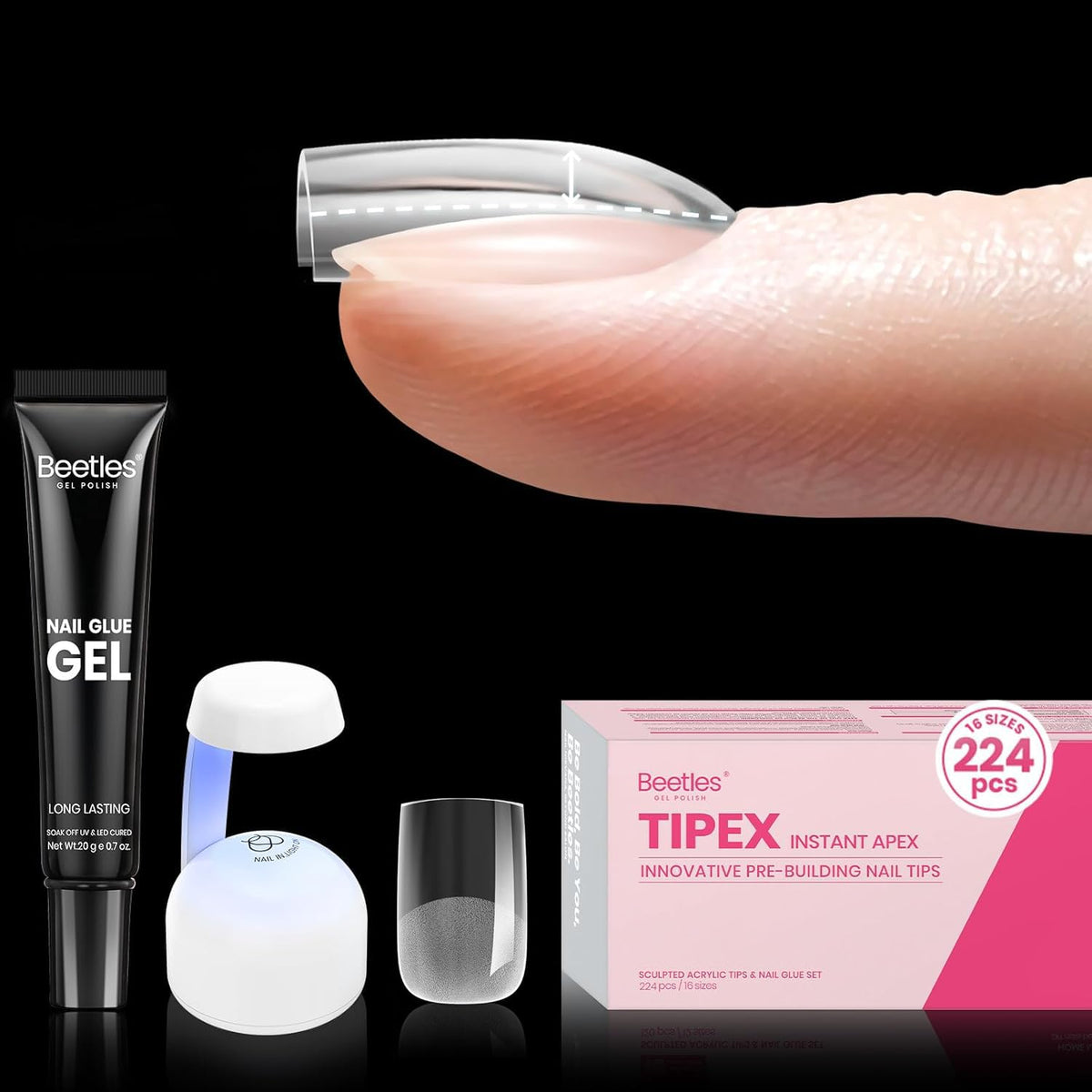 Beetles Tipex gel nail kit with 224 tips in 16 sizes for precise fit and apex.