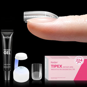 Beetles Tipex gel nail kit with 224 tips in 16 sizes for precise fit and apex.