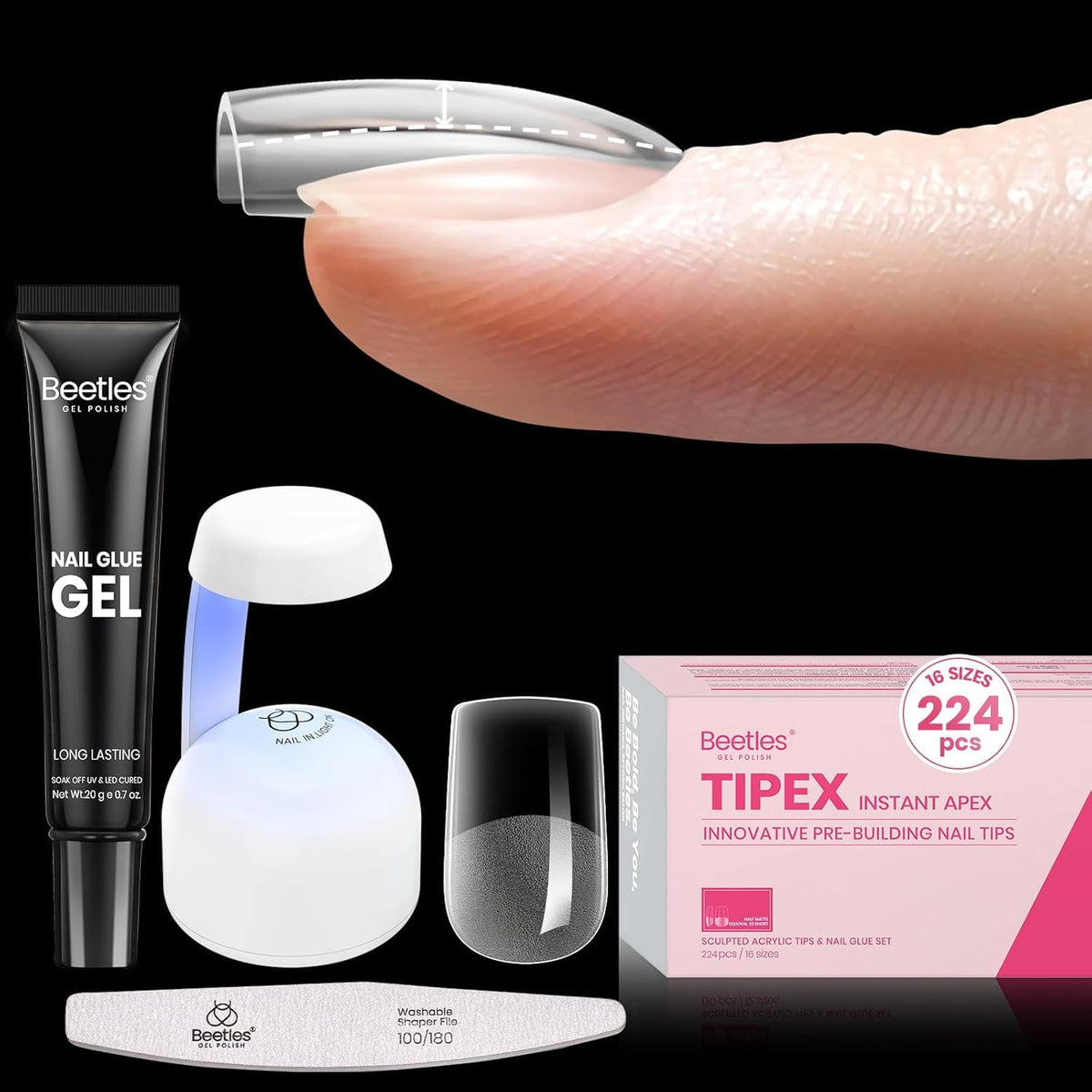 Beetles Tipex Instant Apex Nail Tips Kit showing thick pre-shaped tips for strong adhesion.