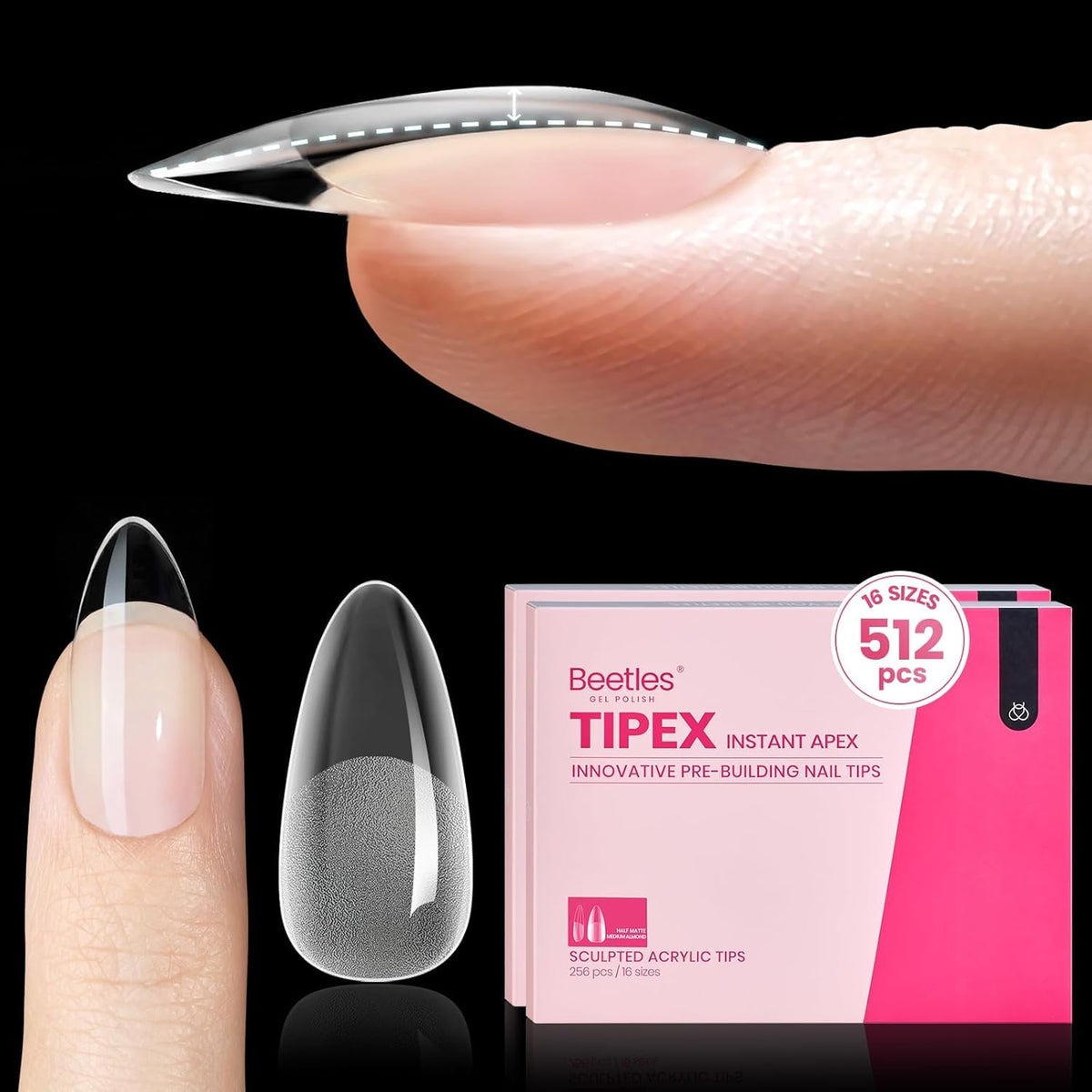 Beetles Tipex Instant Apex Nail Tips medium almond for rapid sculpting and strong wear.