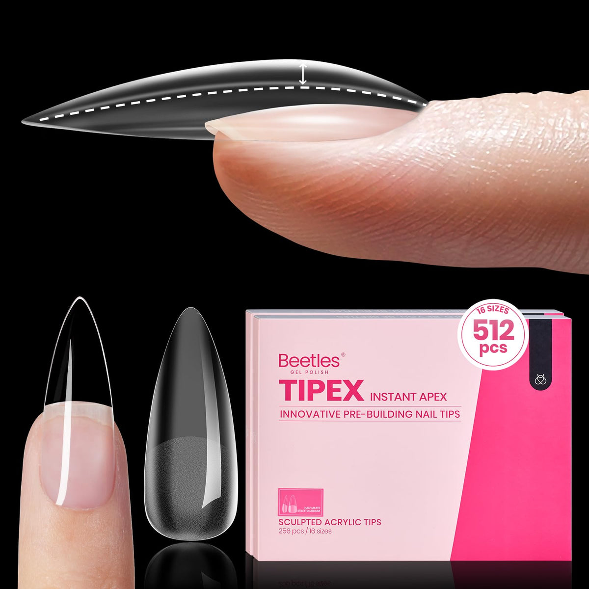 Beetles Tipex Instant Apex Nail Tips for a fast, sculpted stiletto look.