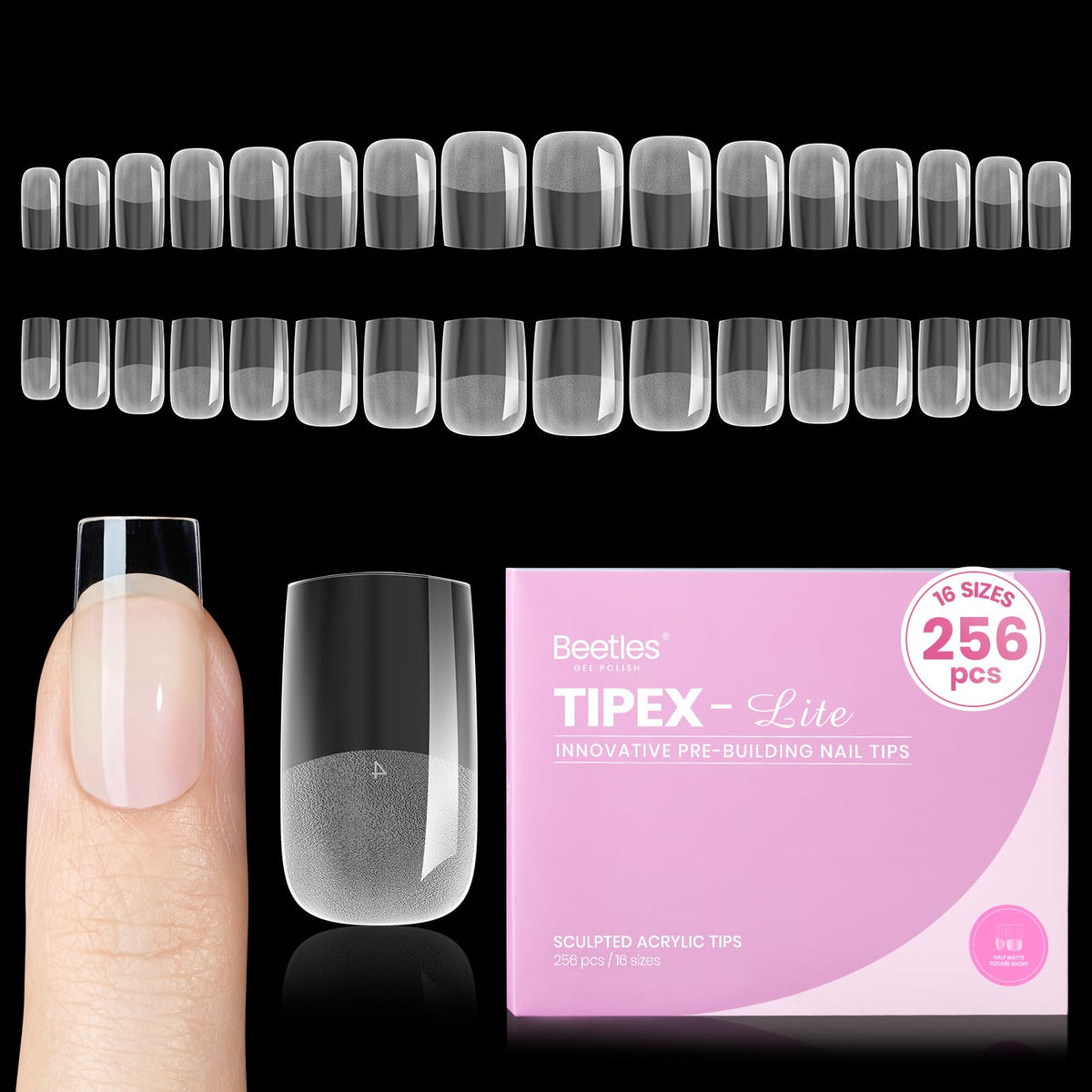 Beetles Tipex Lite apex tips square short for durable gel overlays.