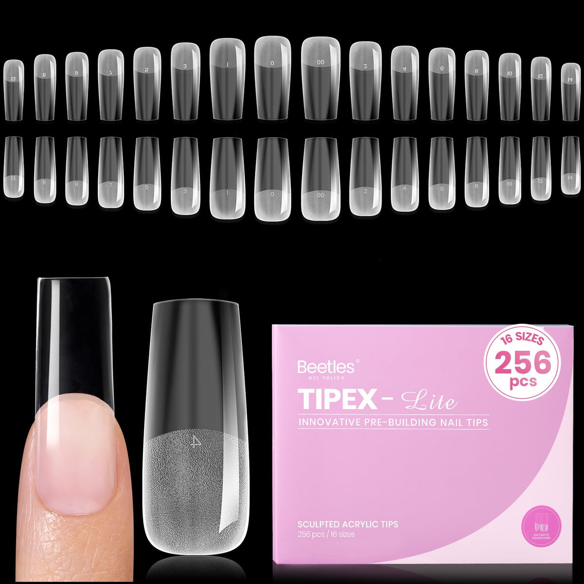 Beetles Tipex Lite pre-built apex tips for square long nails with instant strength