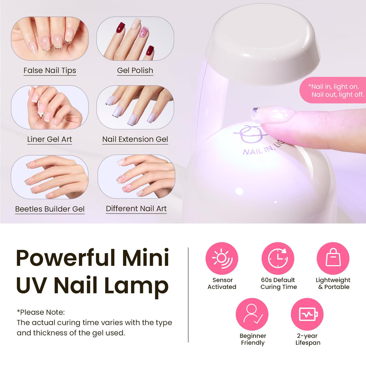 Beetles Tipex mini UV lamp sensor-activated for fast, uniform curing.