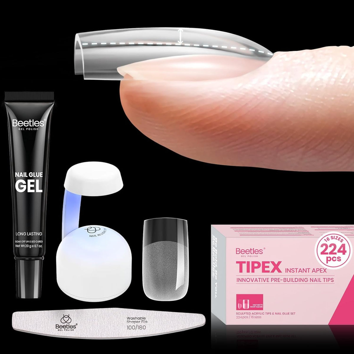 Beetles Tipex short-square tips for secure extensions.