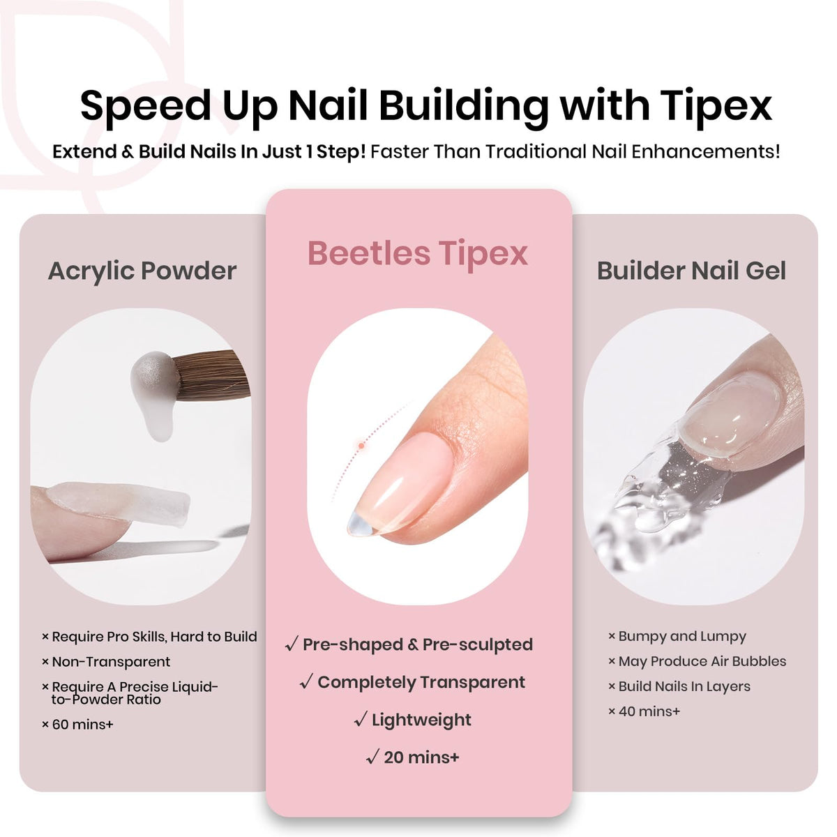 Beetles Tipex thick tips add strength while preserving natural-looking C-curve.