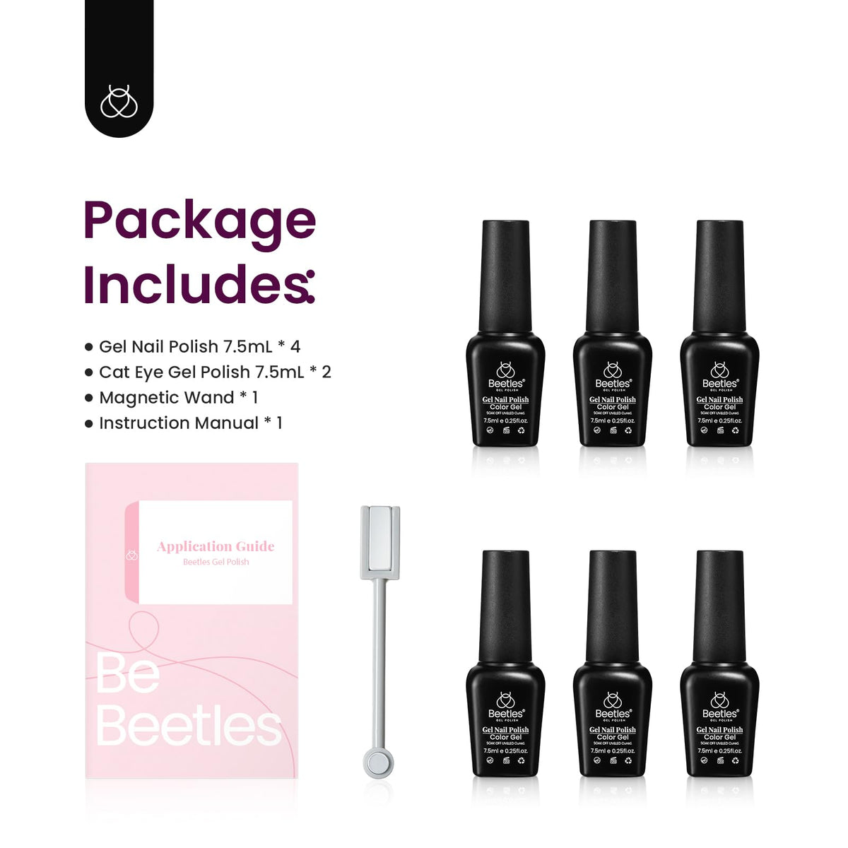 Beetles UV gel kit compatible with base and top coats for lasting wear.