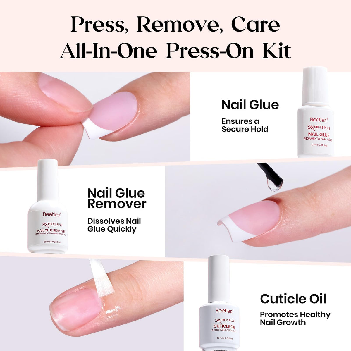 Beetles X Press Plus nude French nails, ready for DIY manicure.