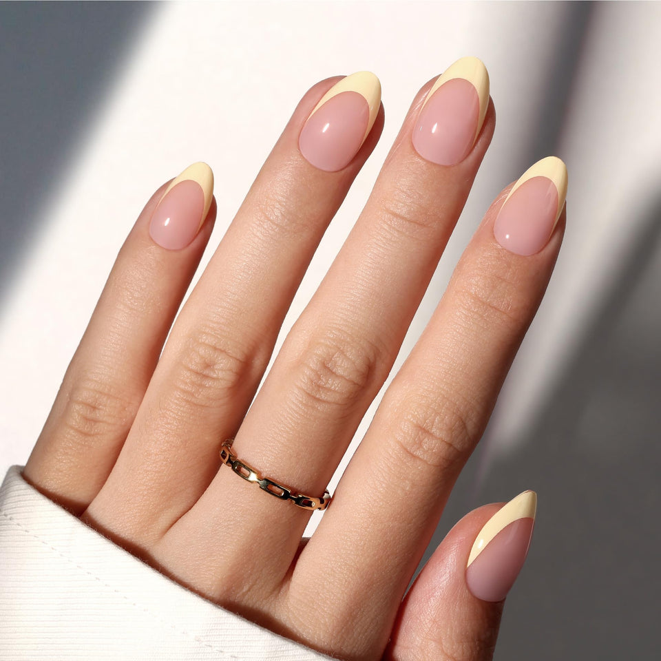 Beetles Yellow French Tips press on nails in almond shape with 16 sizes for a precise fit