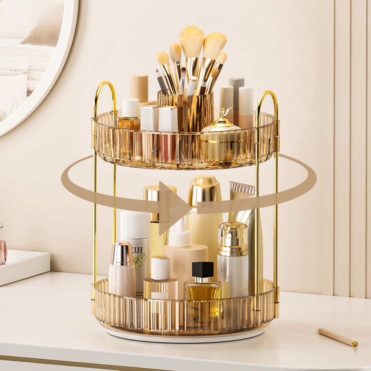 BEFSOP 360° rotating makeup organizer keeps cosmetics within easy reach and neatly displayed.