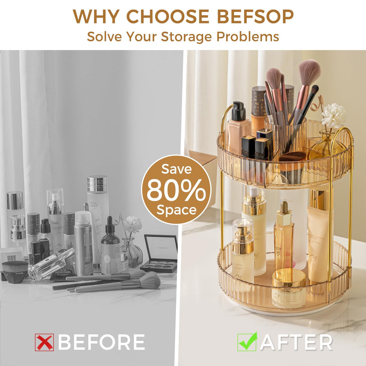 BEFSOP clear cosmetic dresser vanity with amber base offers visibility and tidy storage.