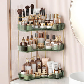 BEFSOP corner bathroom counter organizer with a 3-tier layout for easy access to cosmetics.