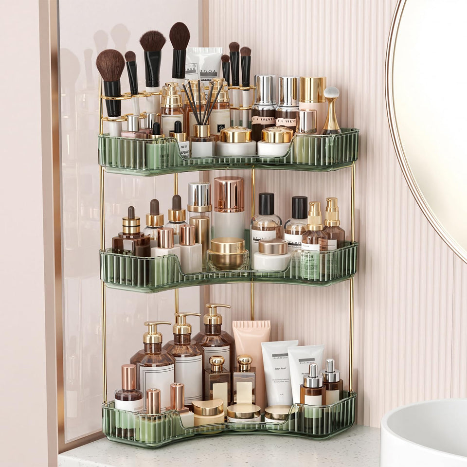 BEFSOP corner bathroom counter organizer with a 3-tier layout for easy access to cosmetics.