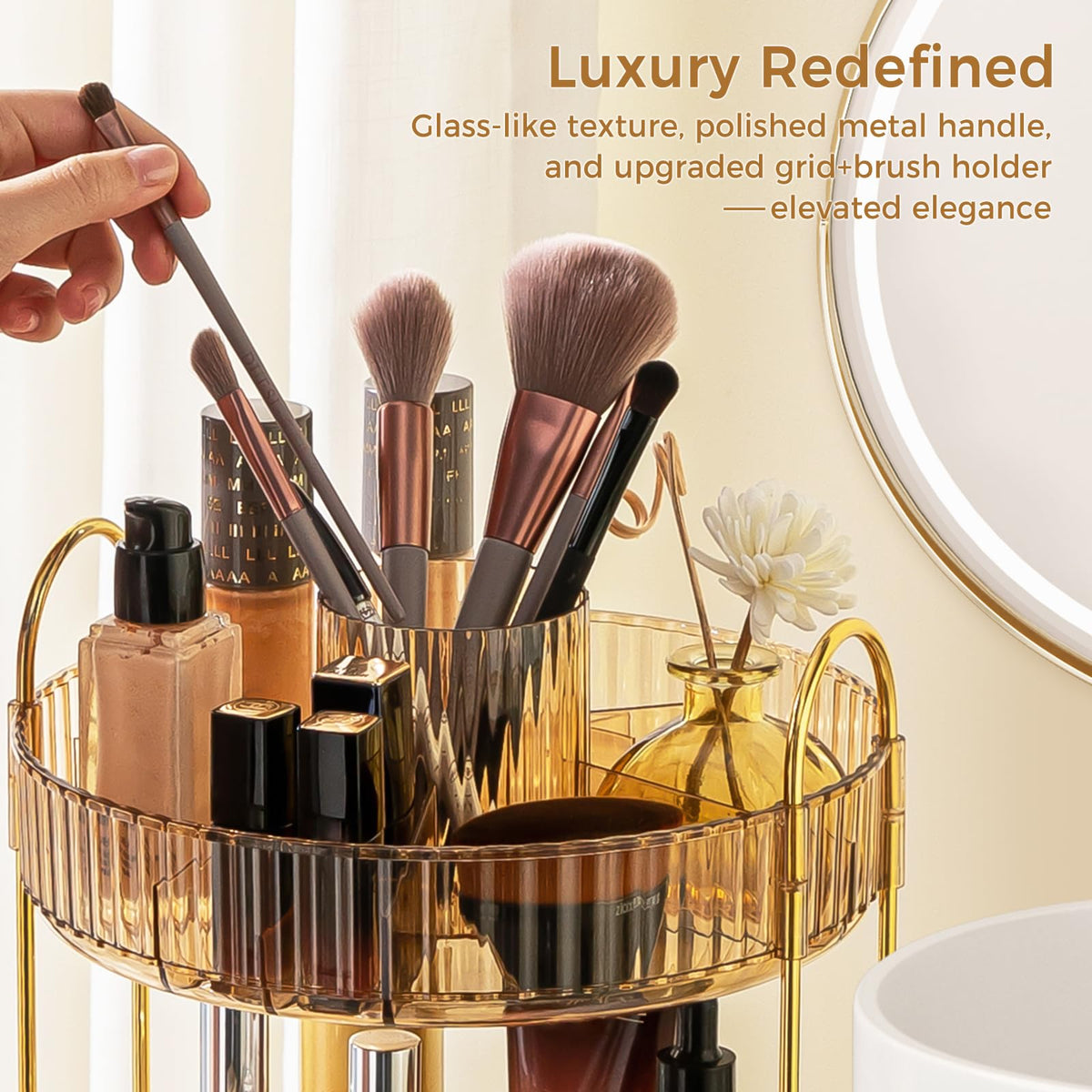 BEFSOP makeup brush holder integrated into the tray keeps brushes organized and ready.