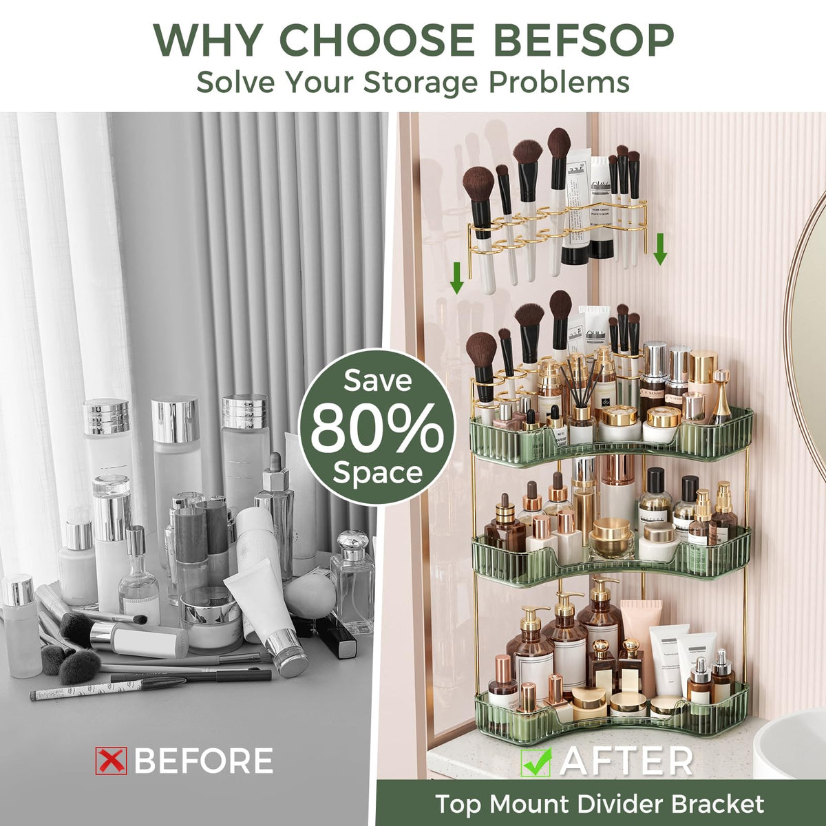 BEFSOP integrated makeup brush holder keeps vanity tidy and reachable.