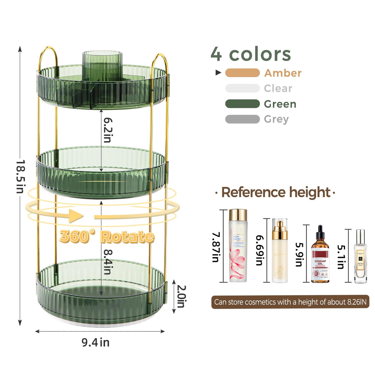 BEFSOP upgraded 3-tier skincare-perfume storage keeps vanity tidy.