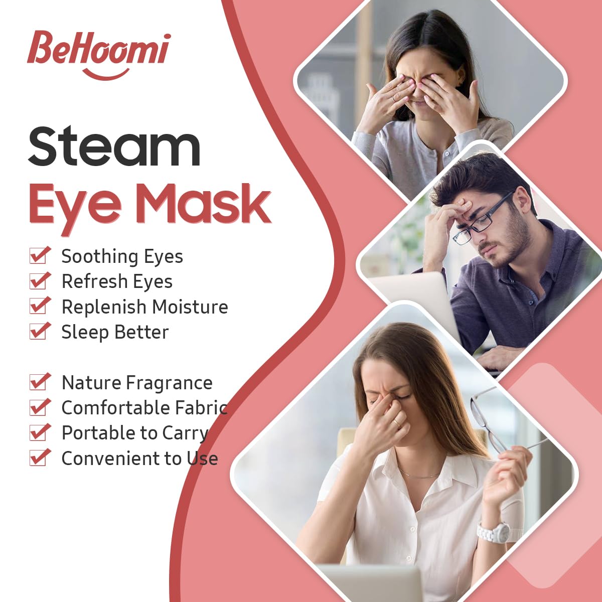 BeHoomi Rose eye mask on eyes with comfortable fit.