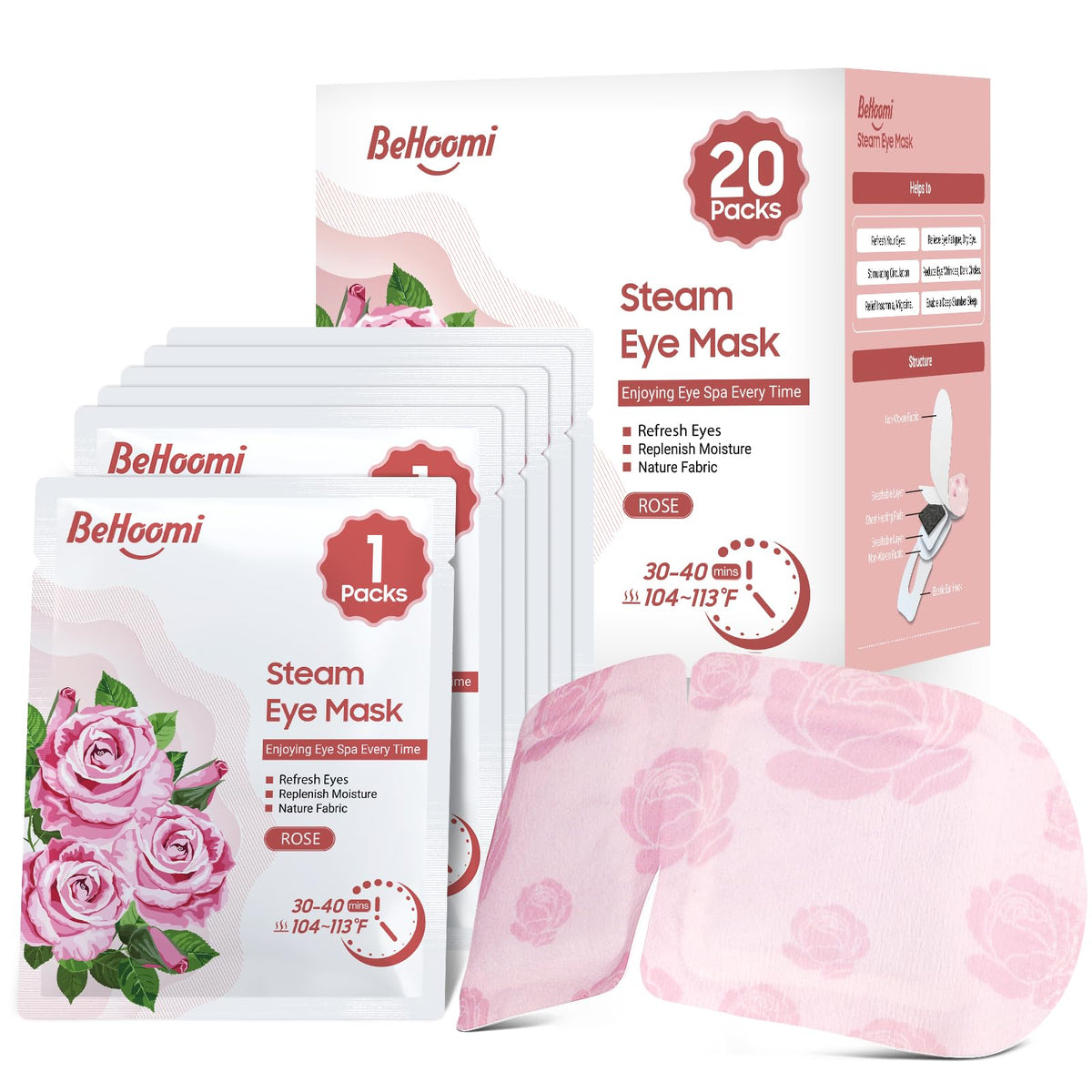 BeHoomi Rose steam eye mask pack ready for daily relaxation and travel.