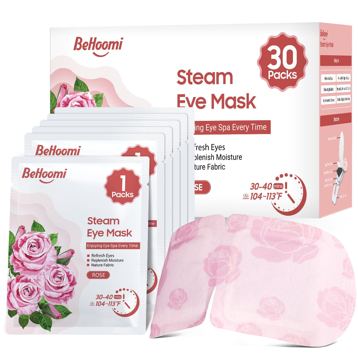 BeHoomi Rose steam eye mask package for easy home relaxation and travel convenience.