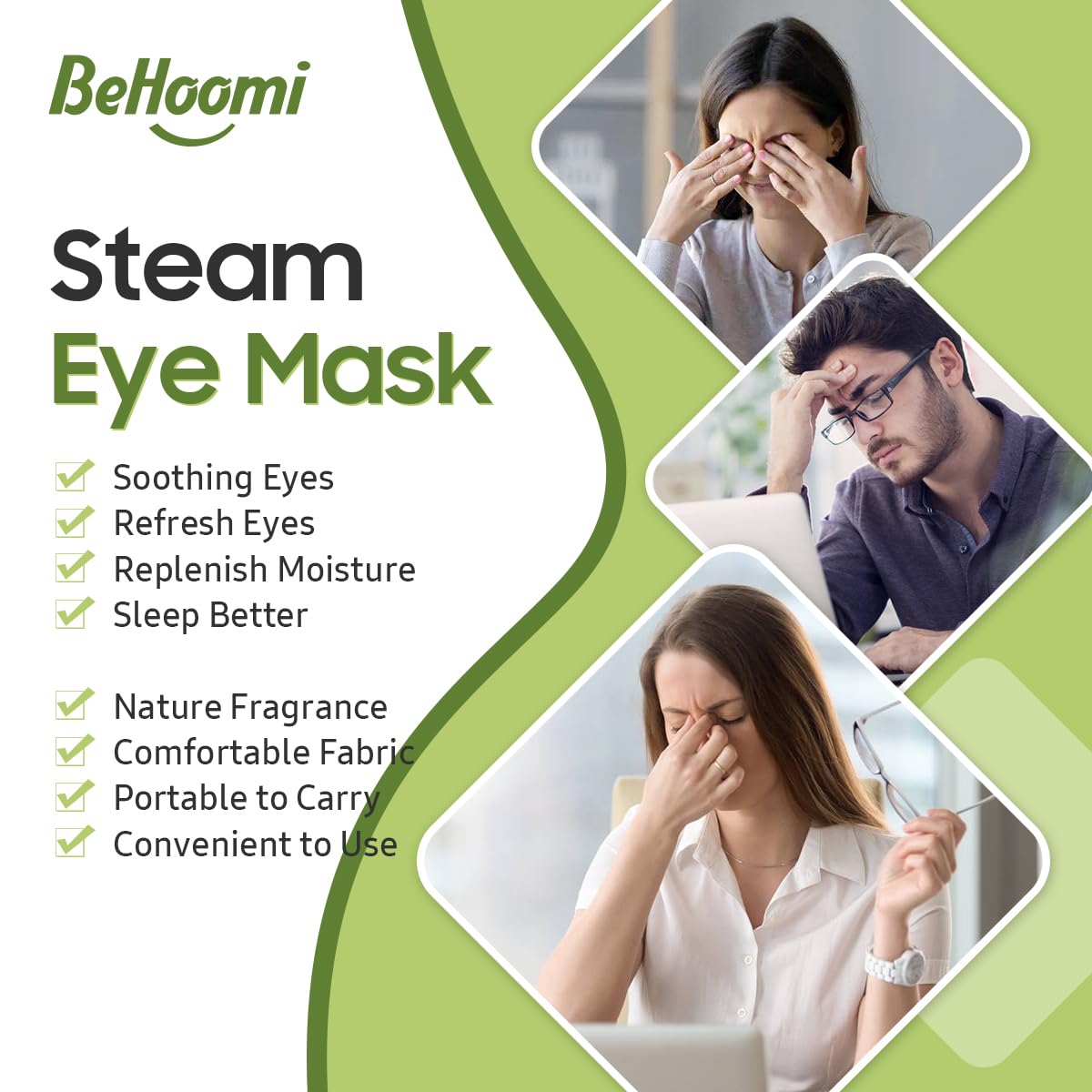 BeHoomi steam eye mask fabric no lint highlights skin-friendly comfort.