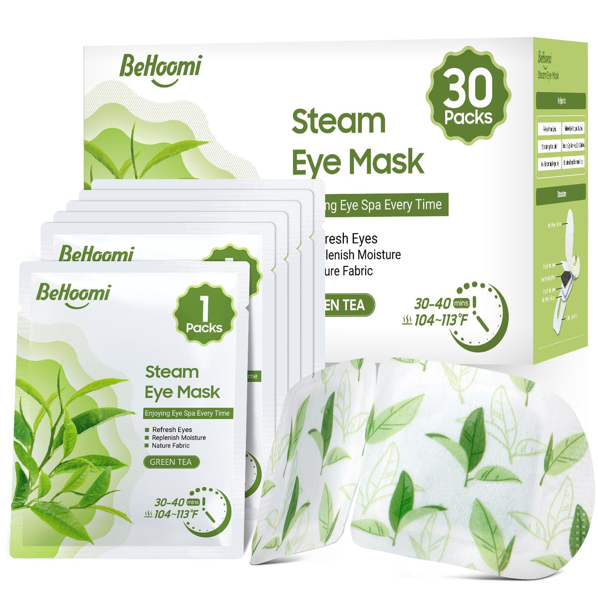 BeHoomi steam eye mask green tea packaging for easy travel and on-the-go relaxation.